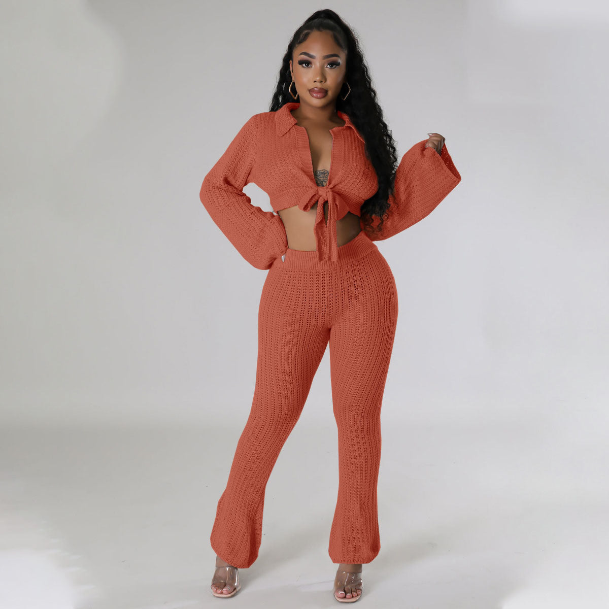 Women's Fashion Casual Bell Bottom Solid Color Knitting Tied Sweater Pants Two Piece Set