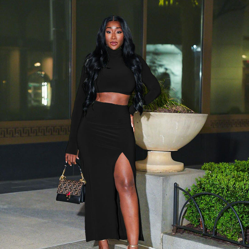 Women Autumn Long Sleeve Top and Slit Skirt Two Piece Set 5
