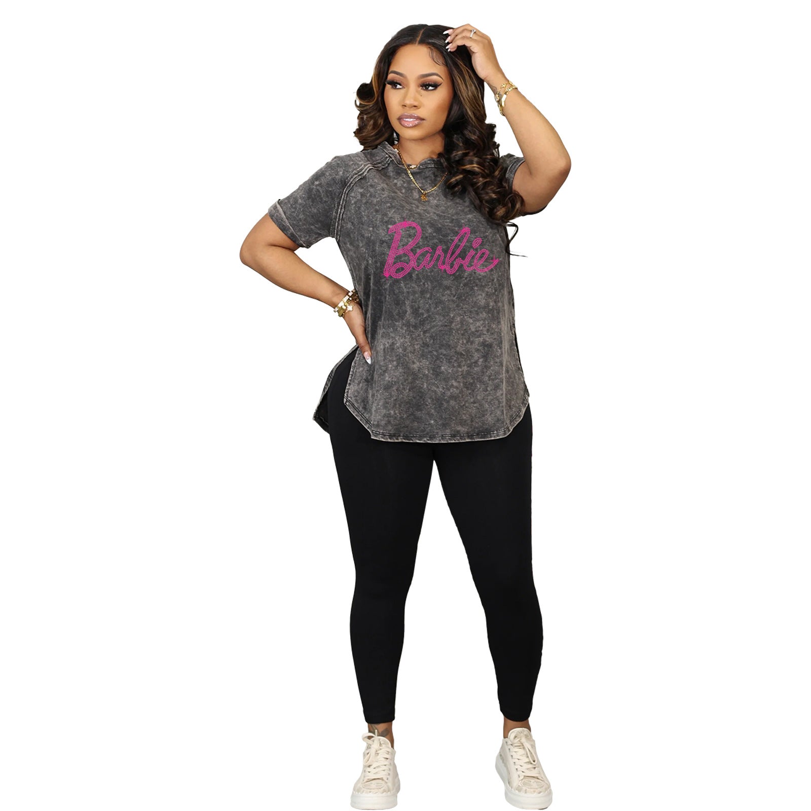 Women Casual Beaded Short Sleeve Top and Pant Two-piece Set 12