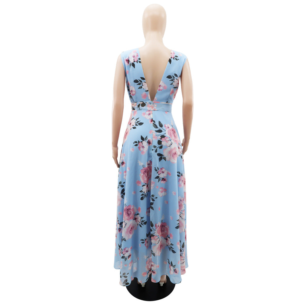 Women summer elegant chiffon sleeveless print slit dress 16