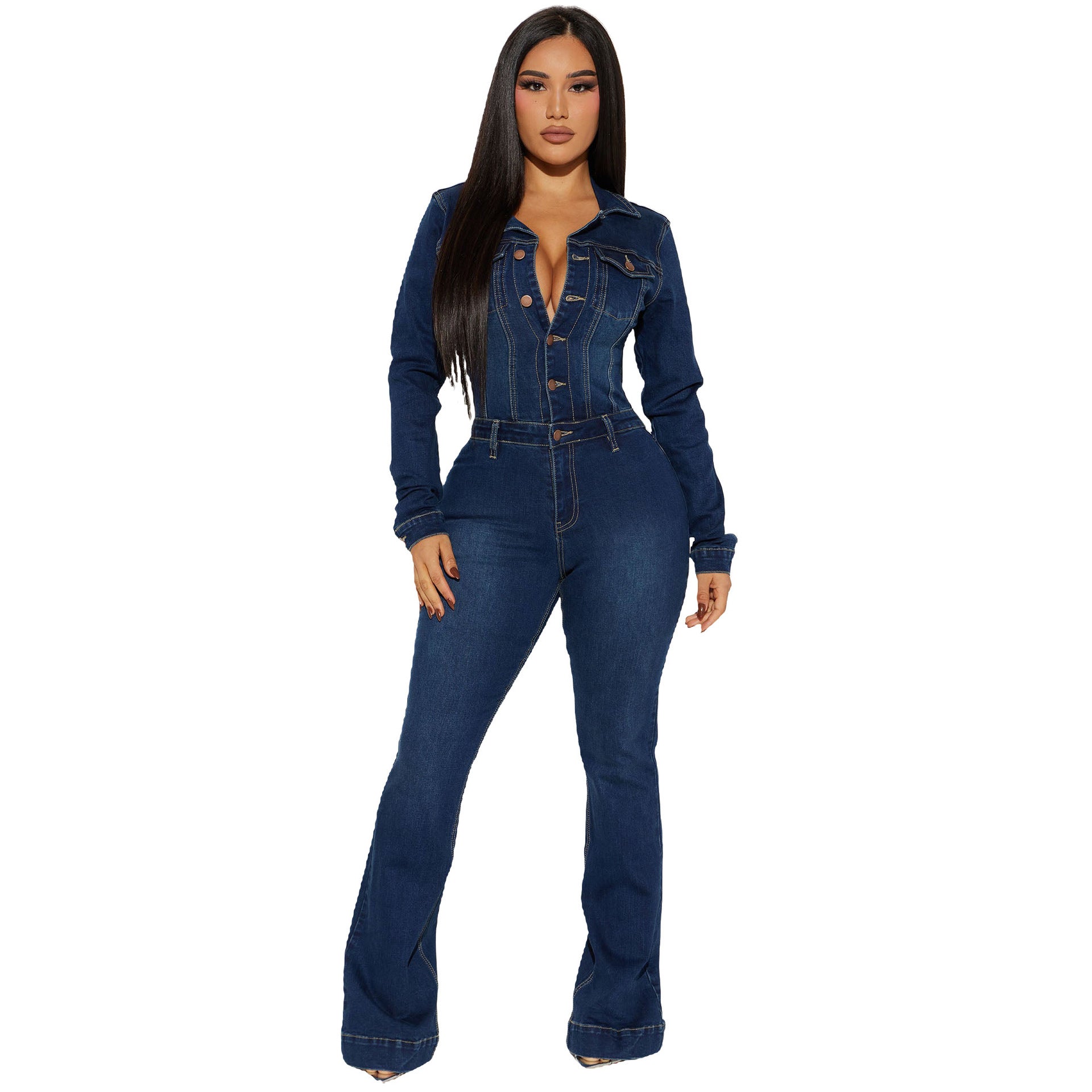Slim Fit Stretch Bell Bottom Wash Long Sleeve Denim Jumpsuit 5