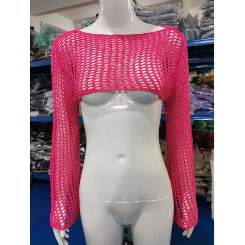 Sexy Hollow Knitting Shirt Solid Color Round Neck Long-Sleeved Cape Blouse 36