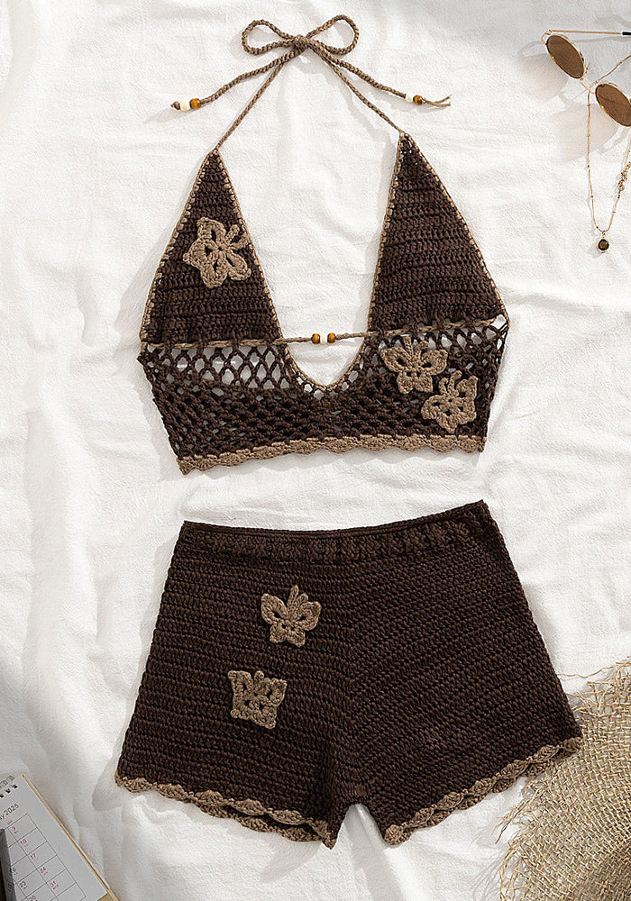 Crochet Two-Piece Halter Neck Shorts Set Low Back Sexy Outfit