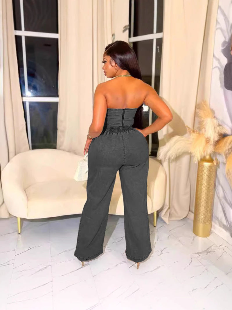 Women casual stretchy denim sleeveless top and pant two-piece suit 7