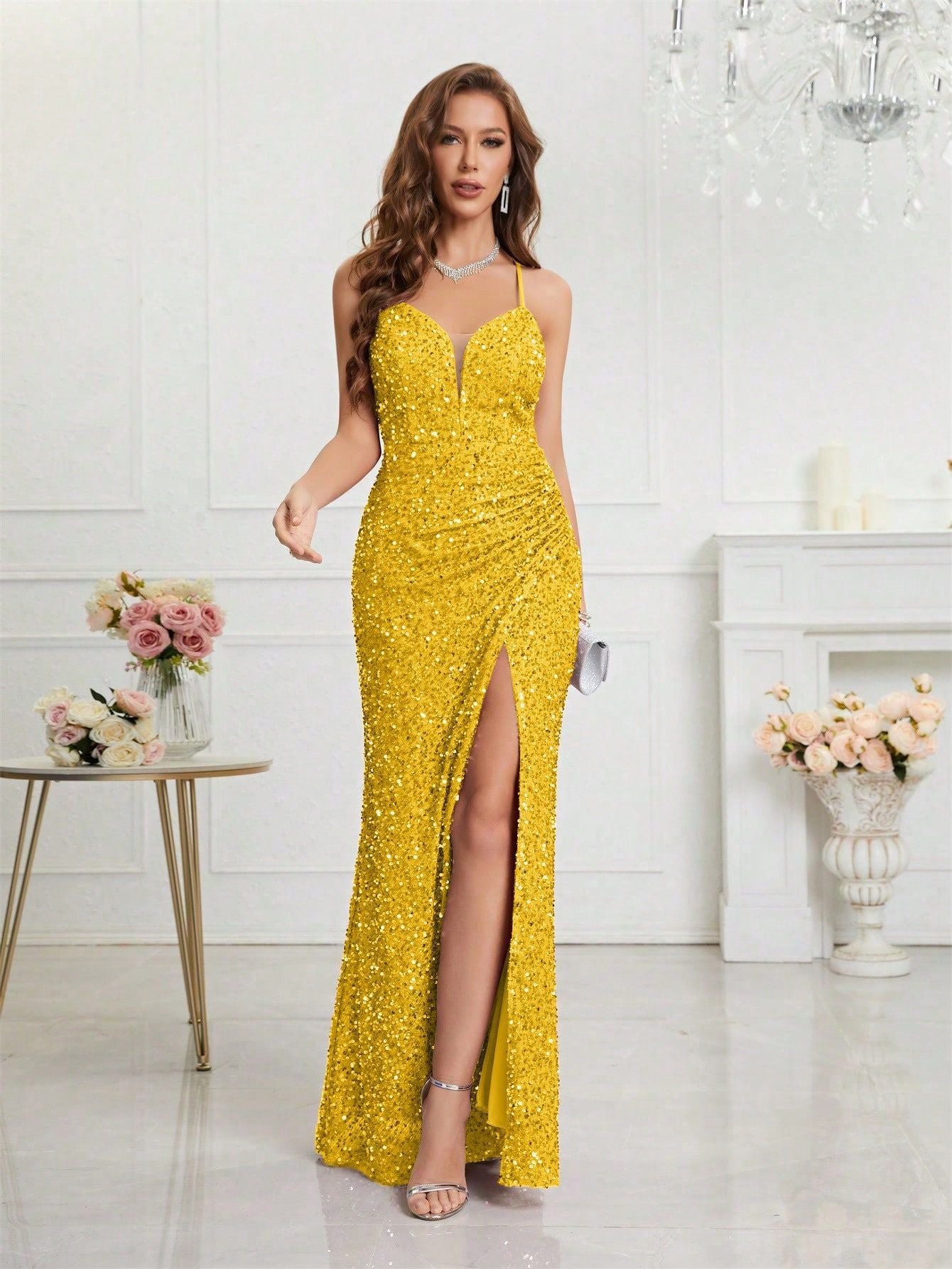 Women Formal Party v-neck sequined evening dress 7