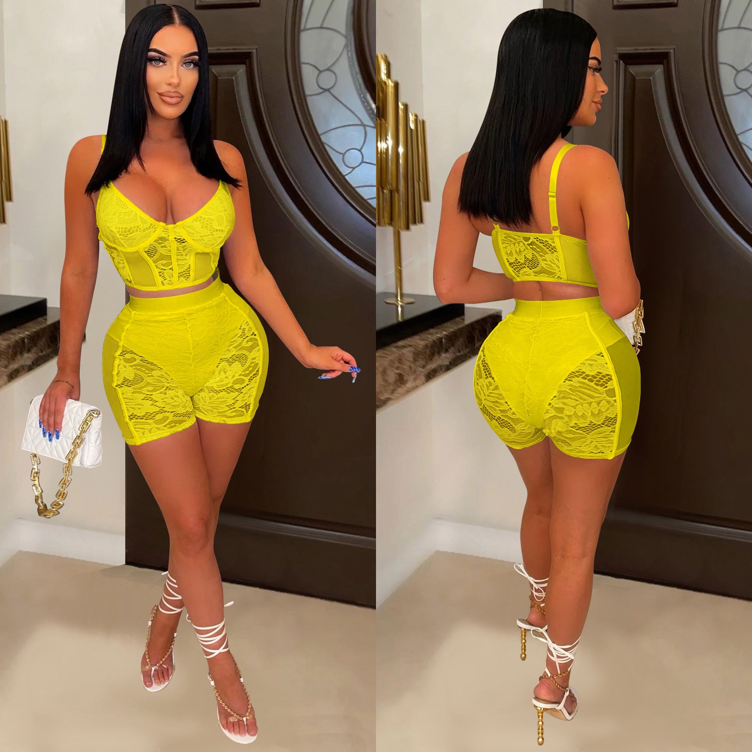 Women Solid Sexy Lace Sleeveless Top and Shorts Two-piece Set 5