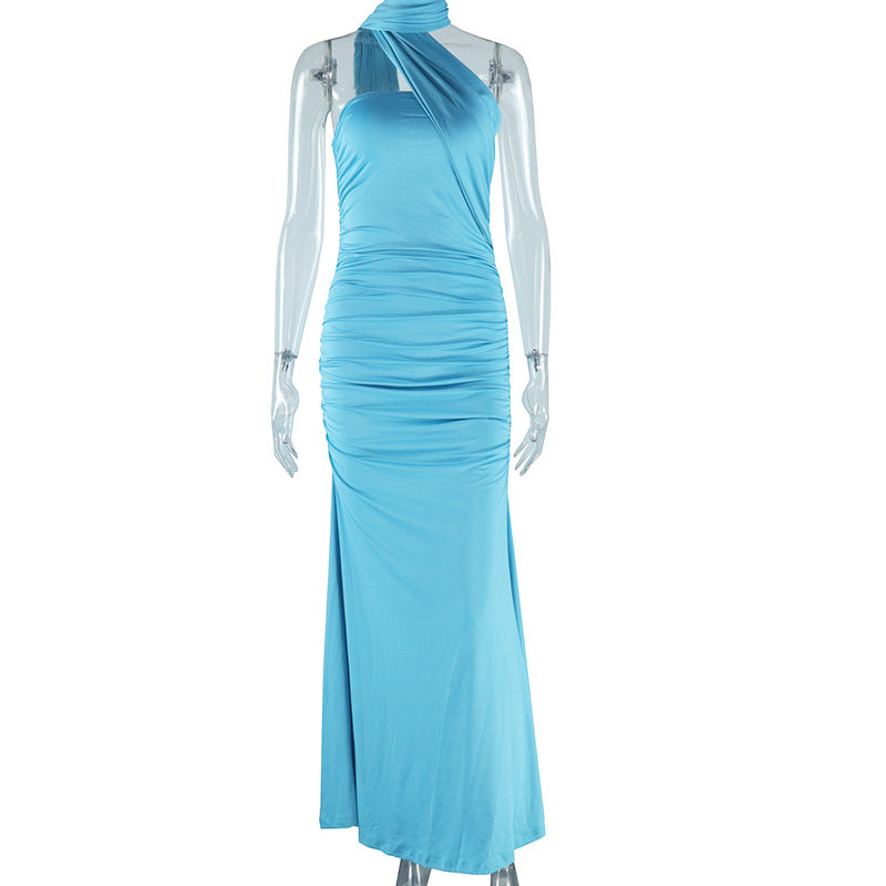 Women Sexy Backless Solid Halter Neck Slit Dress 14