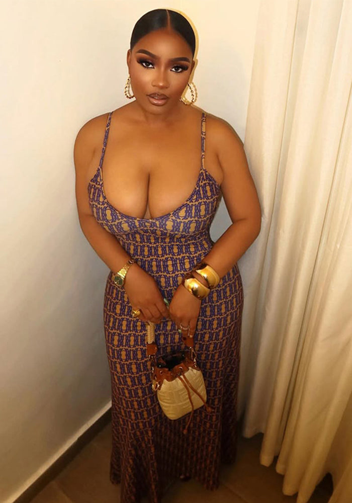 Printed Strap Low-Back Sleeveless Long Dress