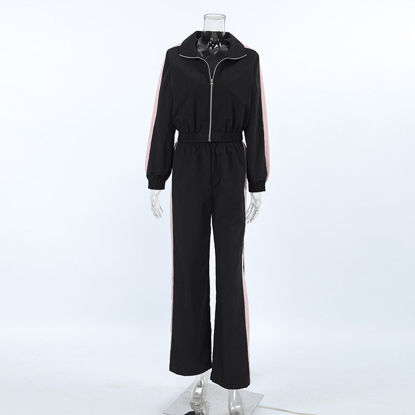 Women American contrast color sports casual jacket trousers Two Piece Set 8