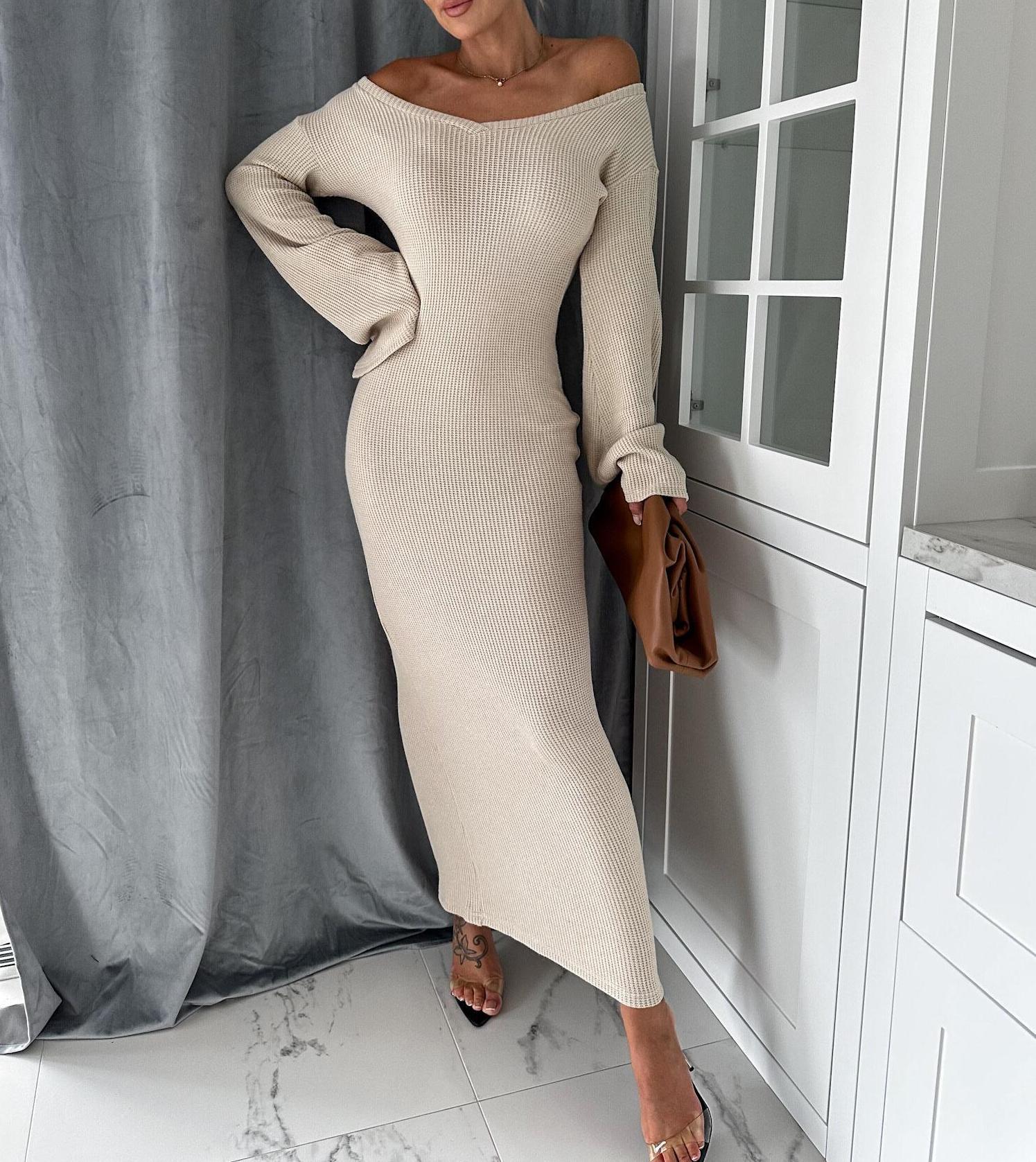 Winter and Spring knitting v-neck long sleeve Chic elegant long dress for women 3