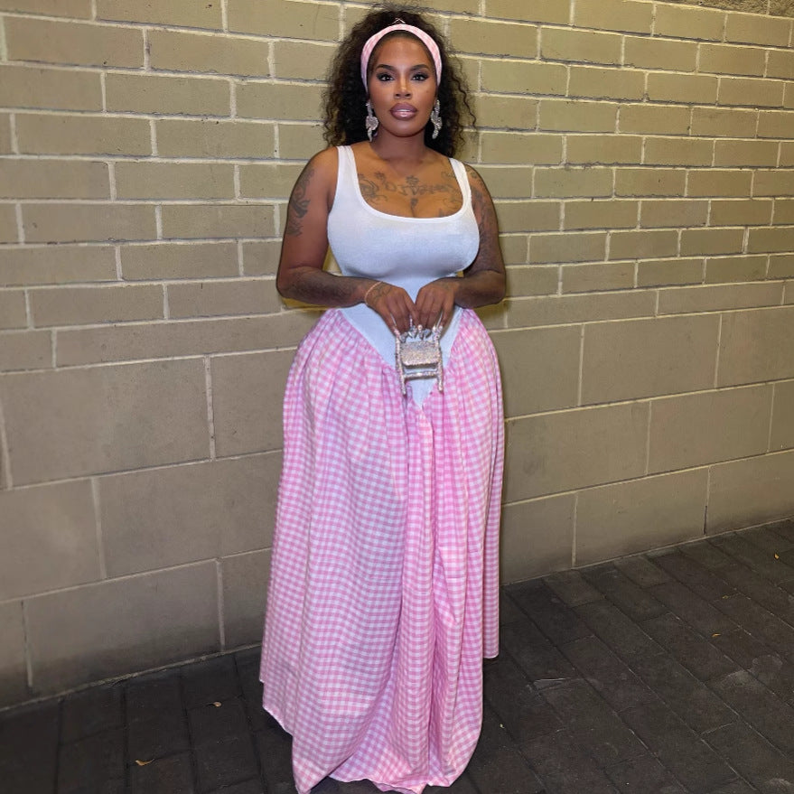 Women's Fashion Slim Waist Plaid Print Sleeveless Dress