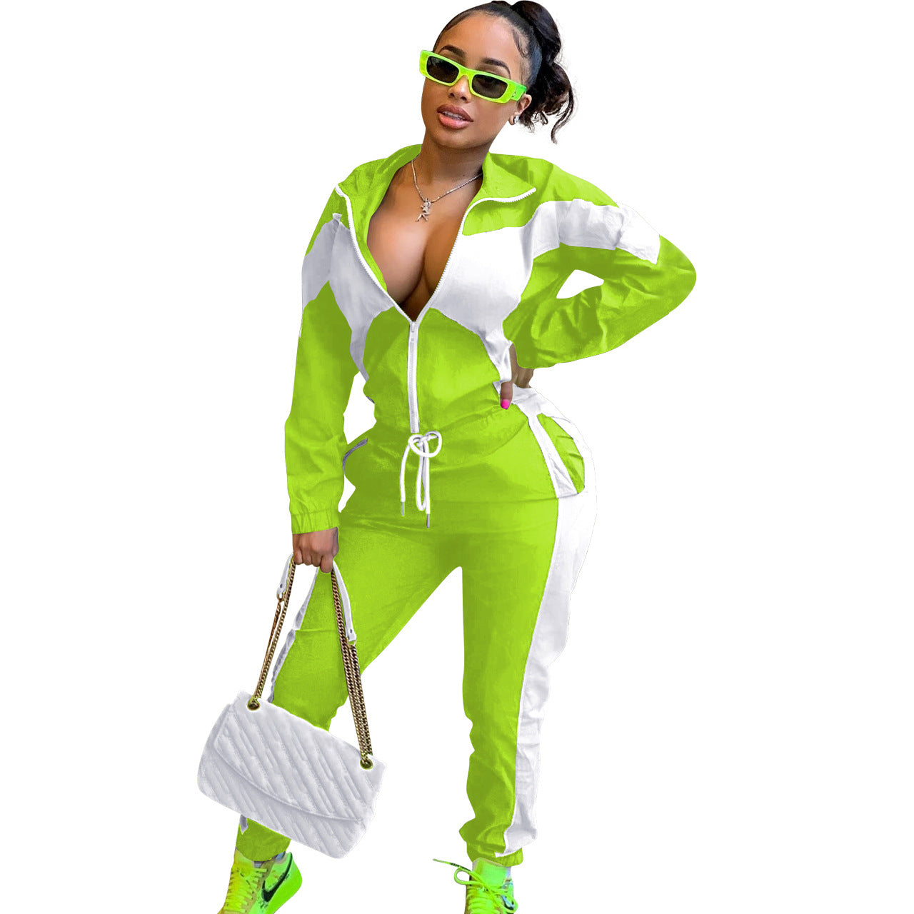 Women'S Casual Fashion Colorblock Zipper Two Piece Women'S Sport Pants Set 17