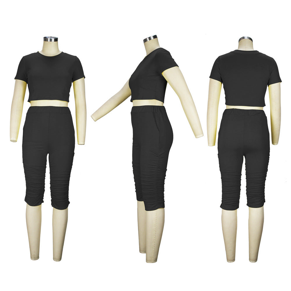 Summer Women's Solid Color Tight Fitting Cropped Short Sleeve T-Shirt Women's Pleated Two Piece Set 23