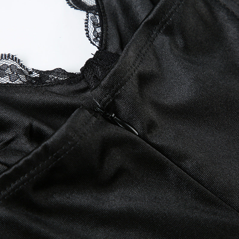 Women Sexy Solid Color V-Neck Lace Patchwork Slim Waist A-Line Strap Dress 13