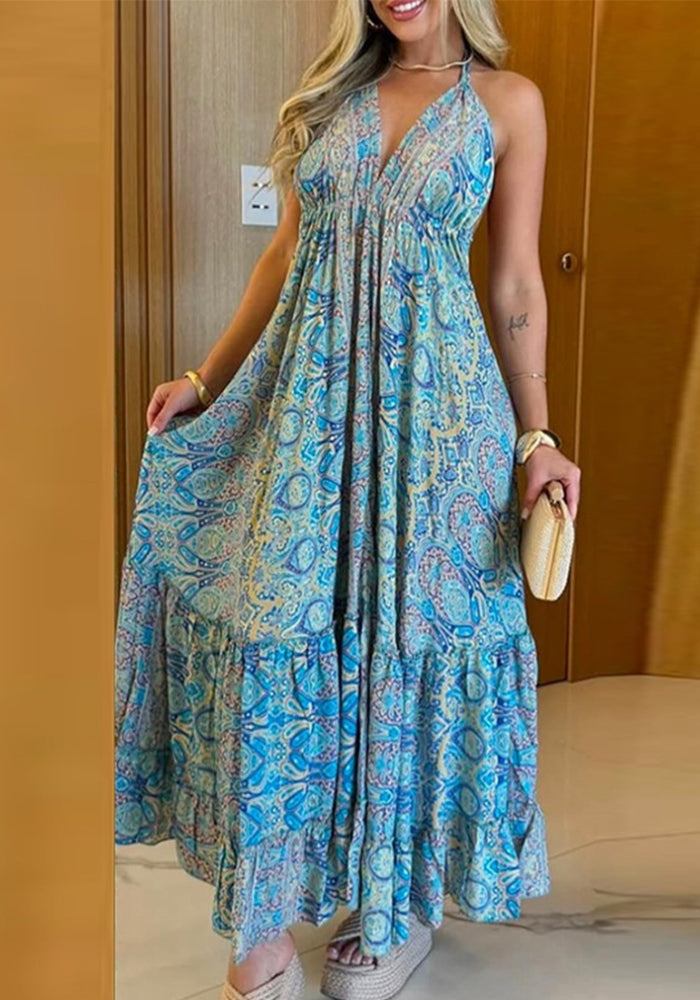 Women summer suspender v-neck print sexy dress