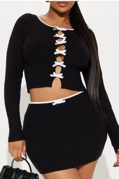 Women bow Round Neck long-sleeved knitting hollow contrasting Top and Skrit two-piece set 3