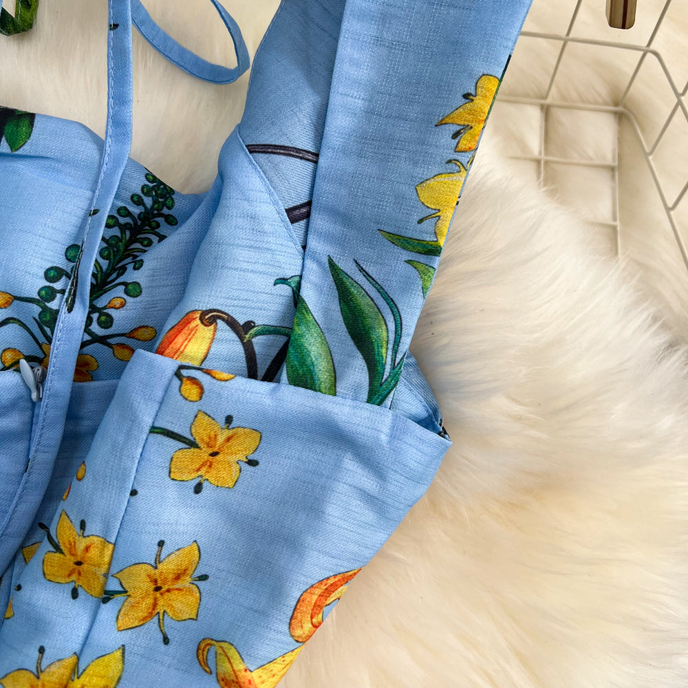 Retro Straps Fashionable Printed Slim Waist A-Line Dress Beach Holidays Long Dress 23