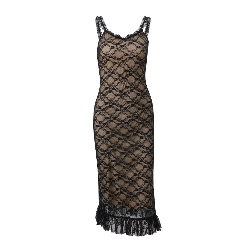 Women autumn sexy v-neck Lace mesh Patchwork Strap Dress 6