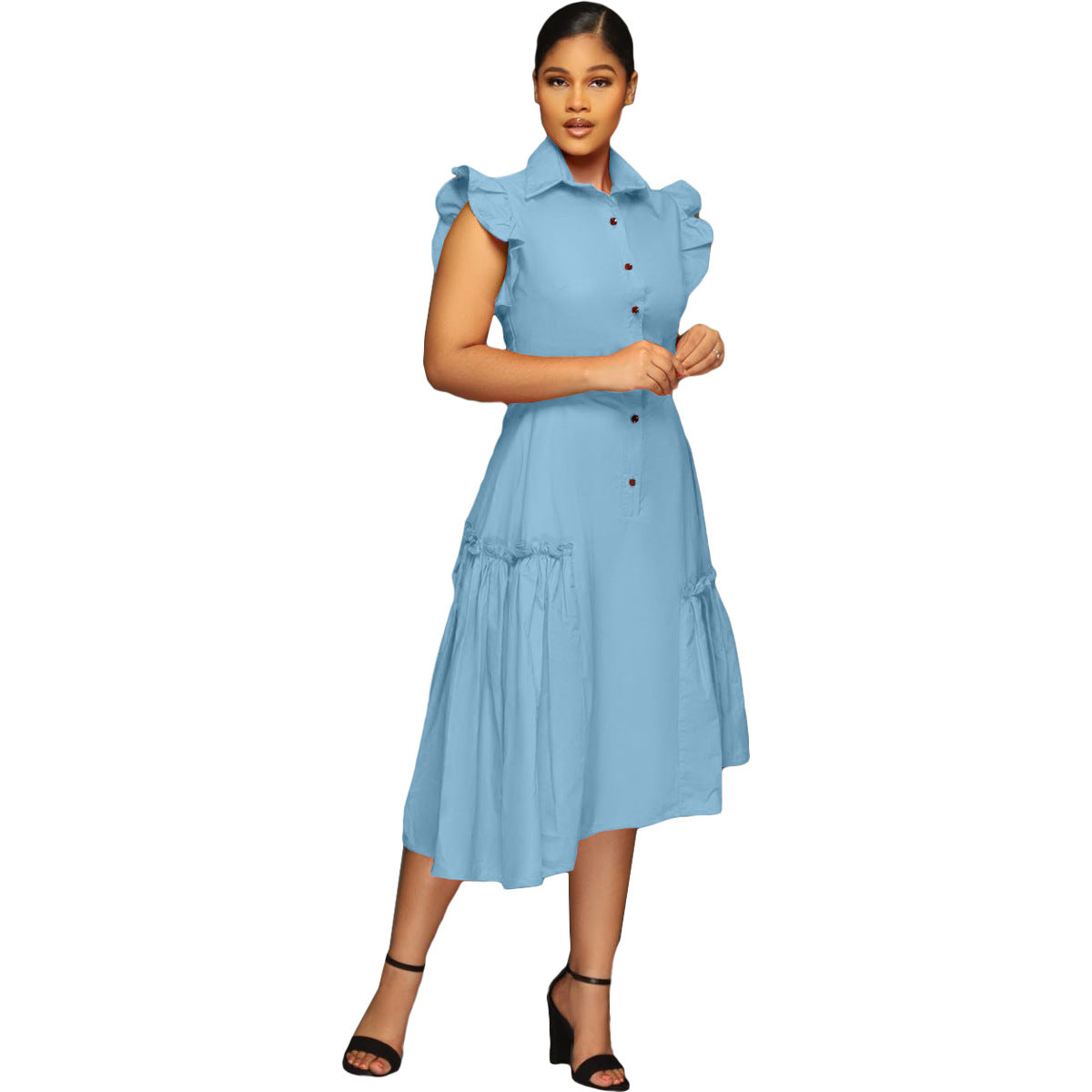 Trendy Shirt Collar Irregular Ruffle Edge Swing Dress 10