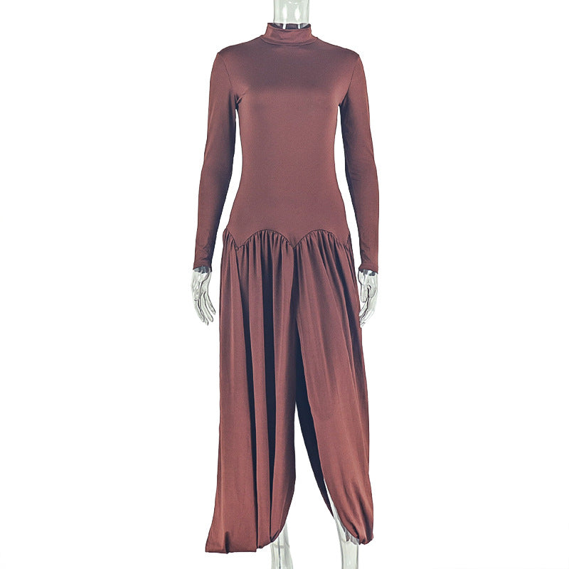 Women Slash Solid Pleated Elegant Turtleneck Long Sleeve Bodycon Dress 6