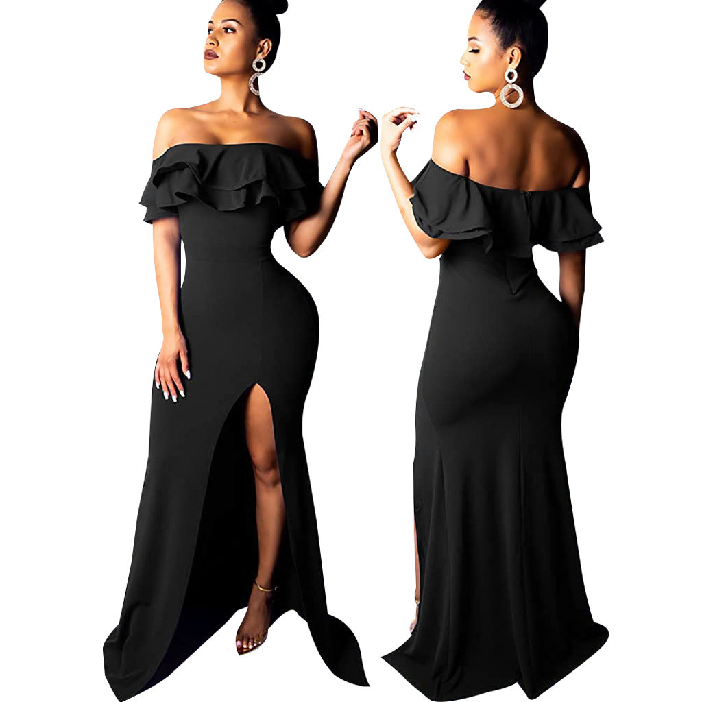 Sexy Fashion Ruffle Off Shoulder Split Dress 5