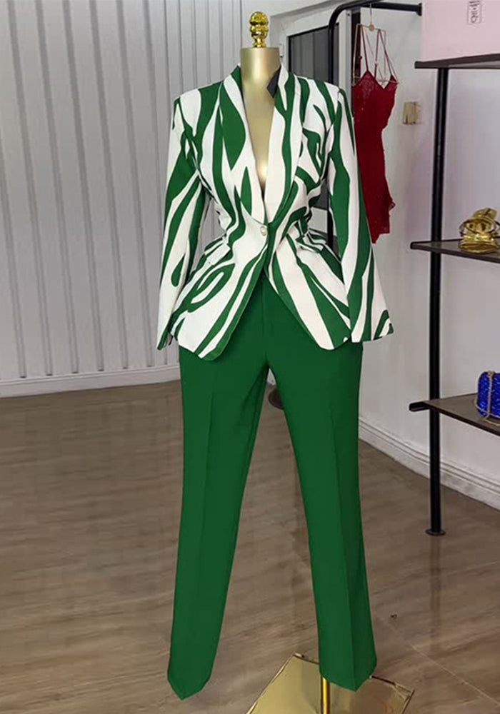 Women Summer Print Blazer and Straight Pants Casual Two-Piece Set