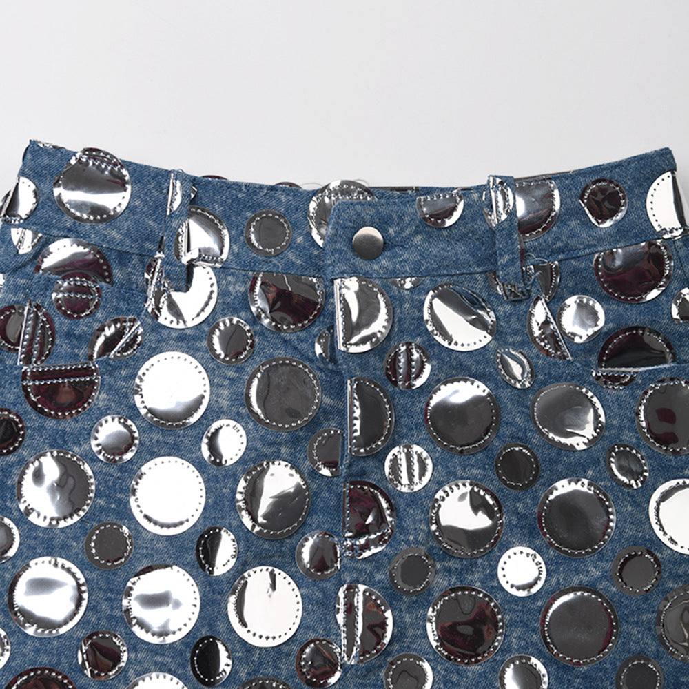 Fashion High Waist Women Summer Sequin Decoration Slim Fit Denim Skirt 4