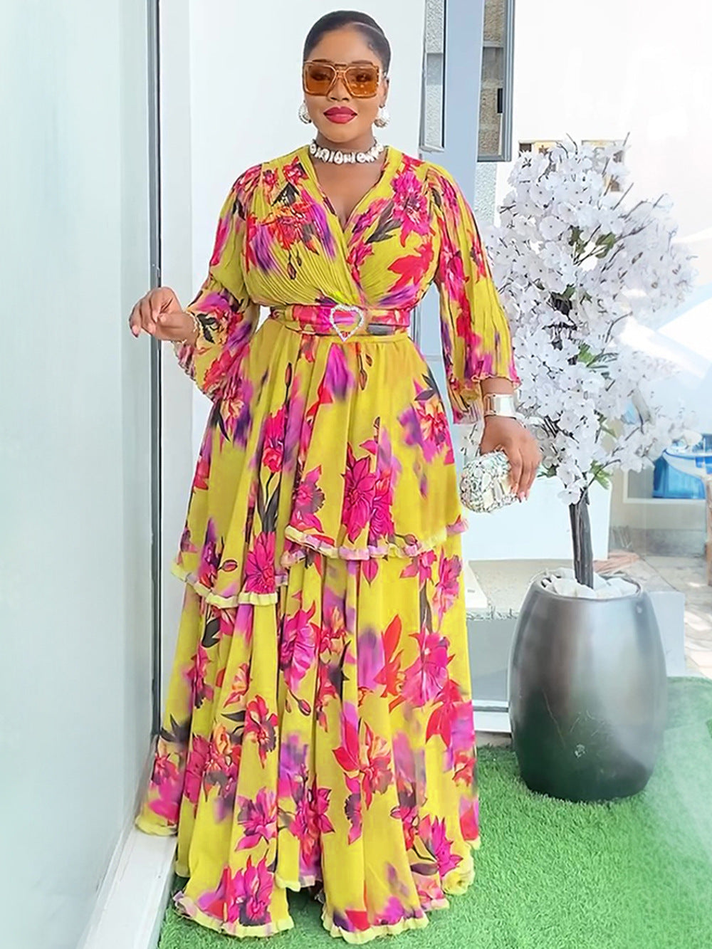 Plus Size  African Women's Floral Print Long Dress 6