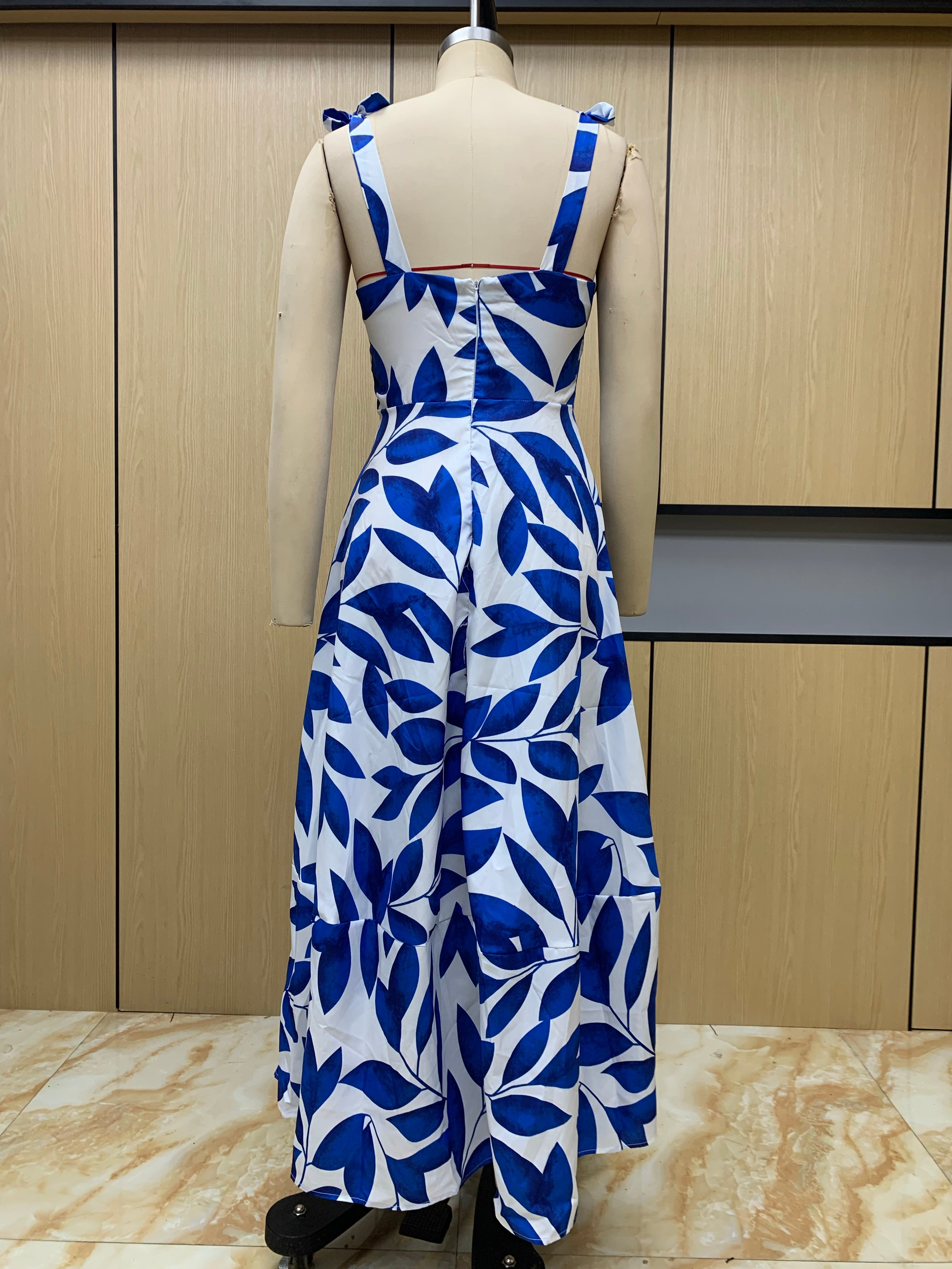 Spring Women's Fashion Chic High Waisted Straps Printed Long Dress 8