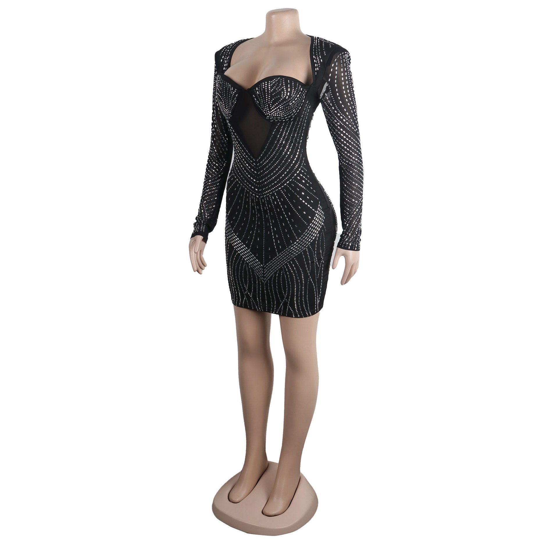 Women Sexy Long Sleeve Beaded Backless Hollow Solid Dress 15