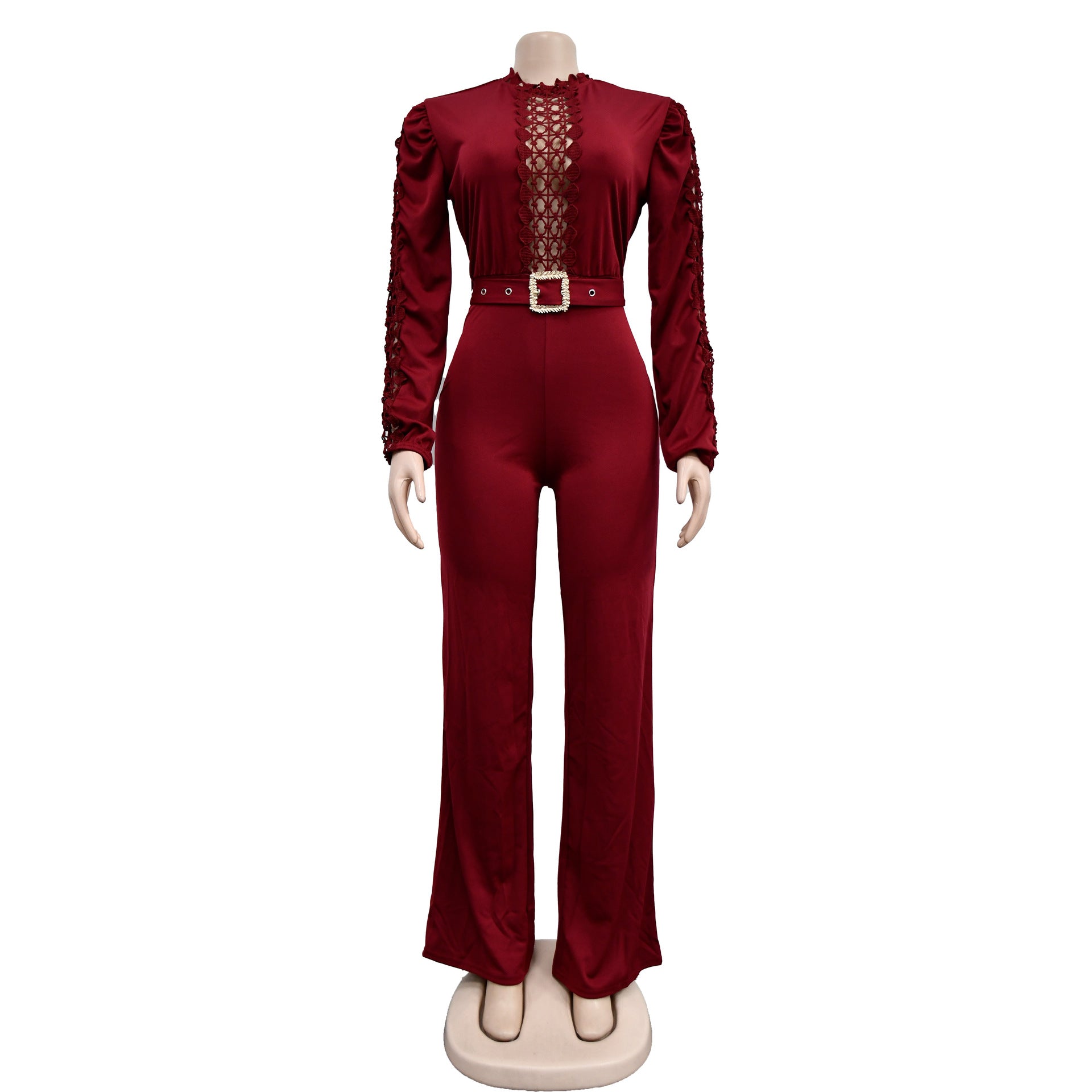 Women Belt Lace Cutout Solid Long Sleeve Jumpsuit 37
