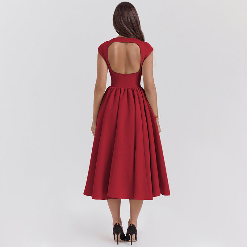 Women Spring Summer Solid Round Neck Backless Dress 4