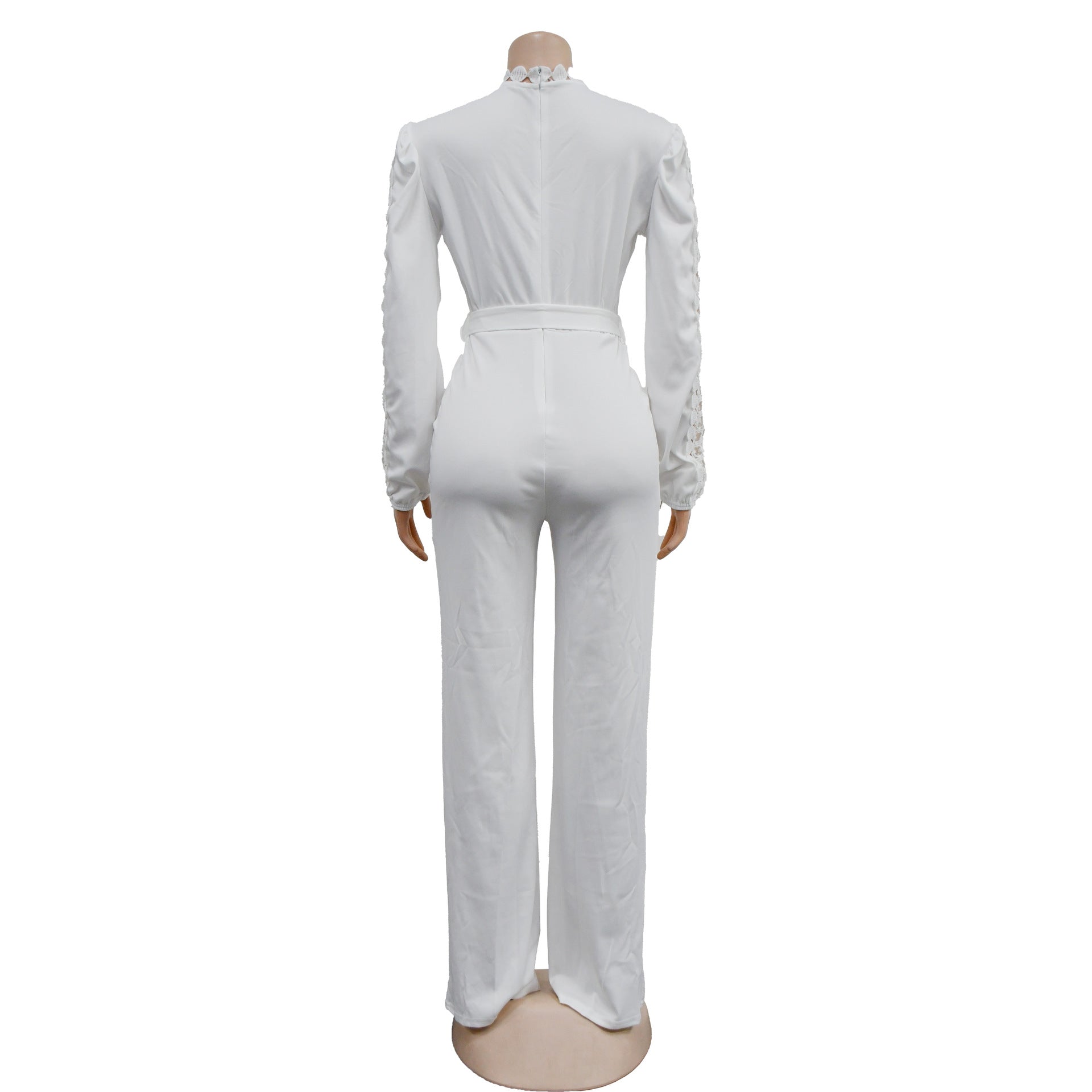 Women Belt Lace Cutout Solid Long Sleeve Jumpsuit 27