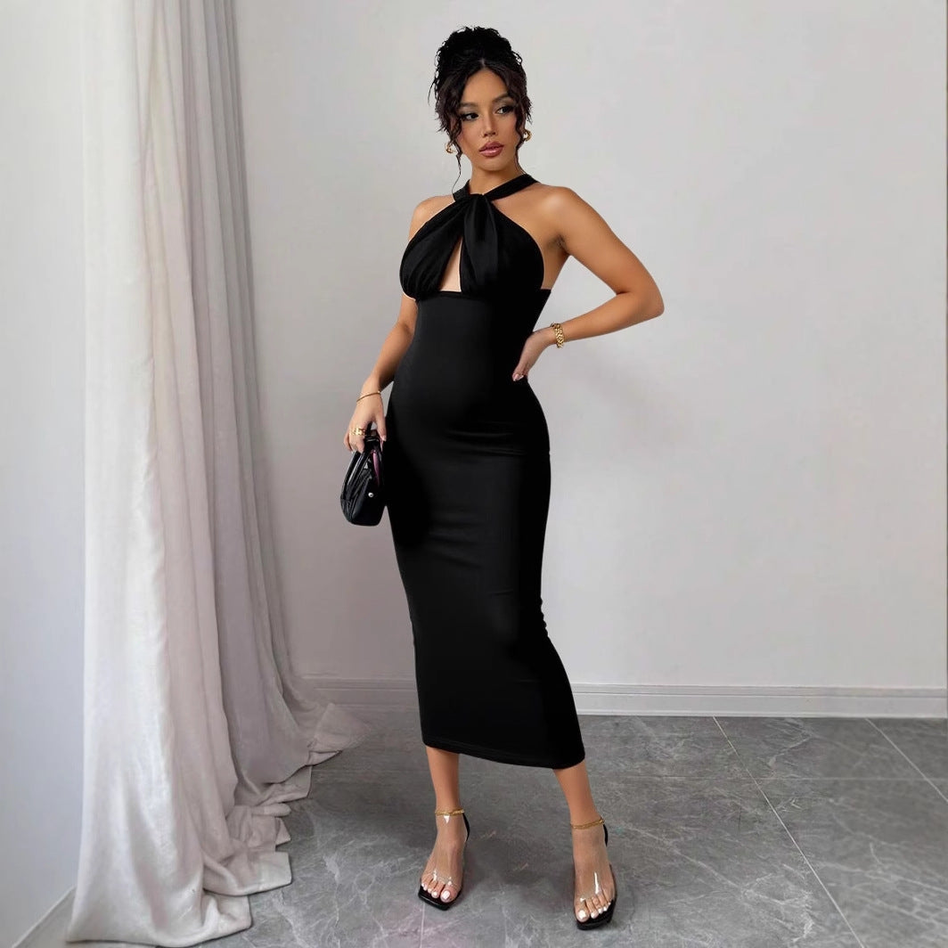 Women Halter Neck sexy Backless pearl chain fishtail Strapless dress 4