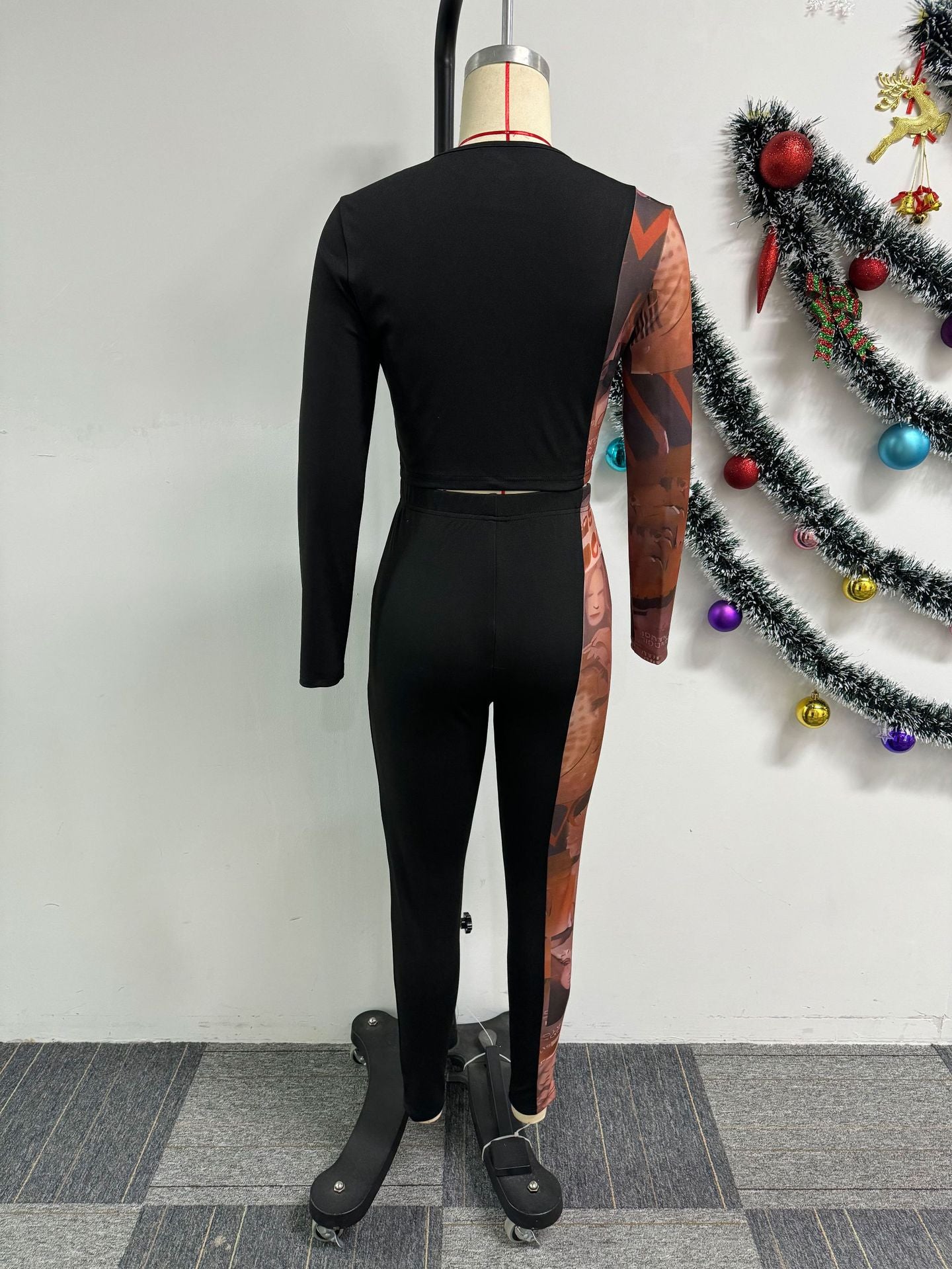 Sexy Printed Patchwork Contrast Slim Fit Long Sleeve Two-Piece pants Set 12