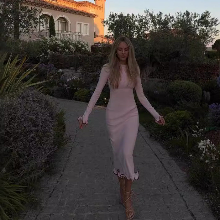 Sexy Low Back Bell Bottom Sleeve Ruffle Knitting Long Dress For Women 6