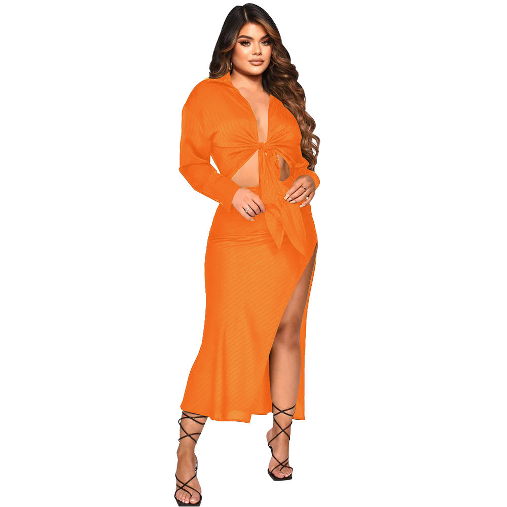Women's Fall Ribbed Long Sleeve Slit Skirt Set 6