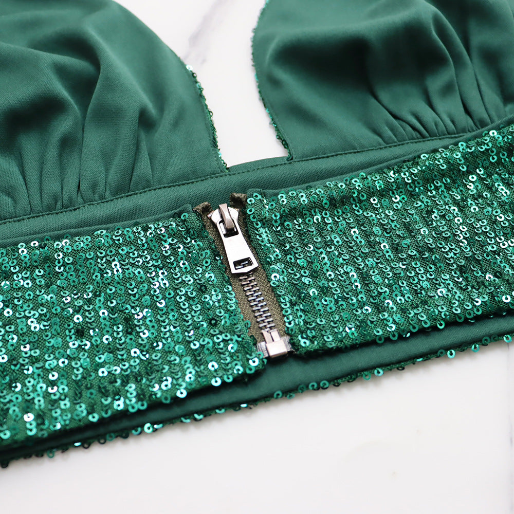 Sexy Sequined Halter Neck Tank Top Chiffon High-Waisted Straight Pants Two-Piece Set 18