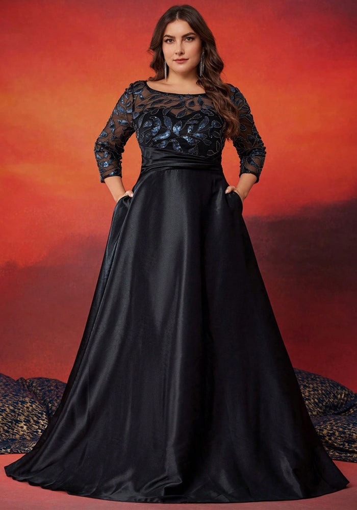 Plus Size Women Sequin Round Neck Patchwork Formal Party Elegant Evening Dress