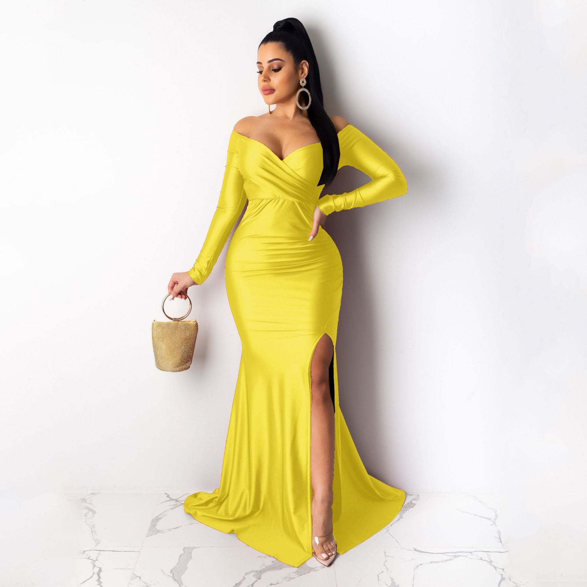 Women Sexy V-Neck Dress Solid Slit Long Sleeve Maxi Dress 22