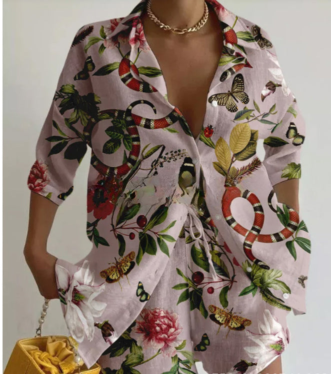 Women's Summer Printing Casual Shirt Shorts 2-Piece Set 5