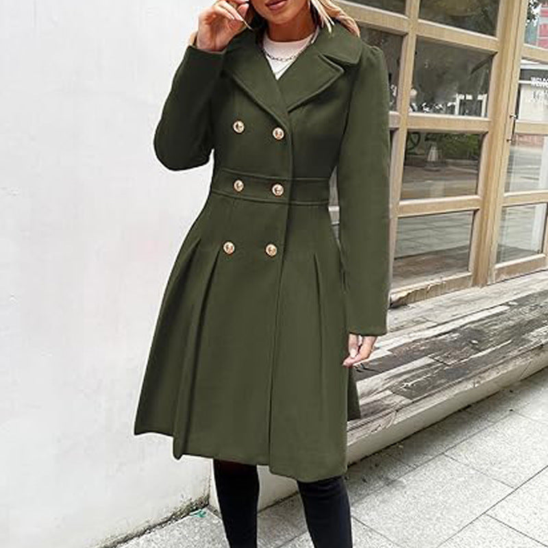 Women Fall and Winter Turndown Collar Double-Breasted Pocket Windbreaker 58