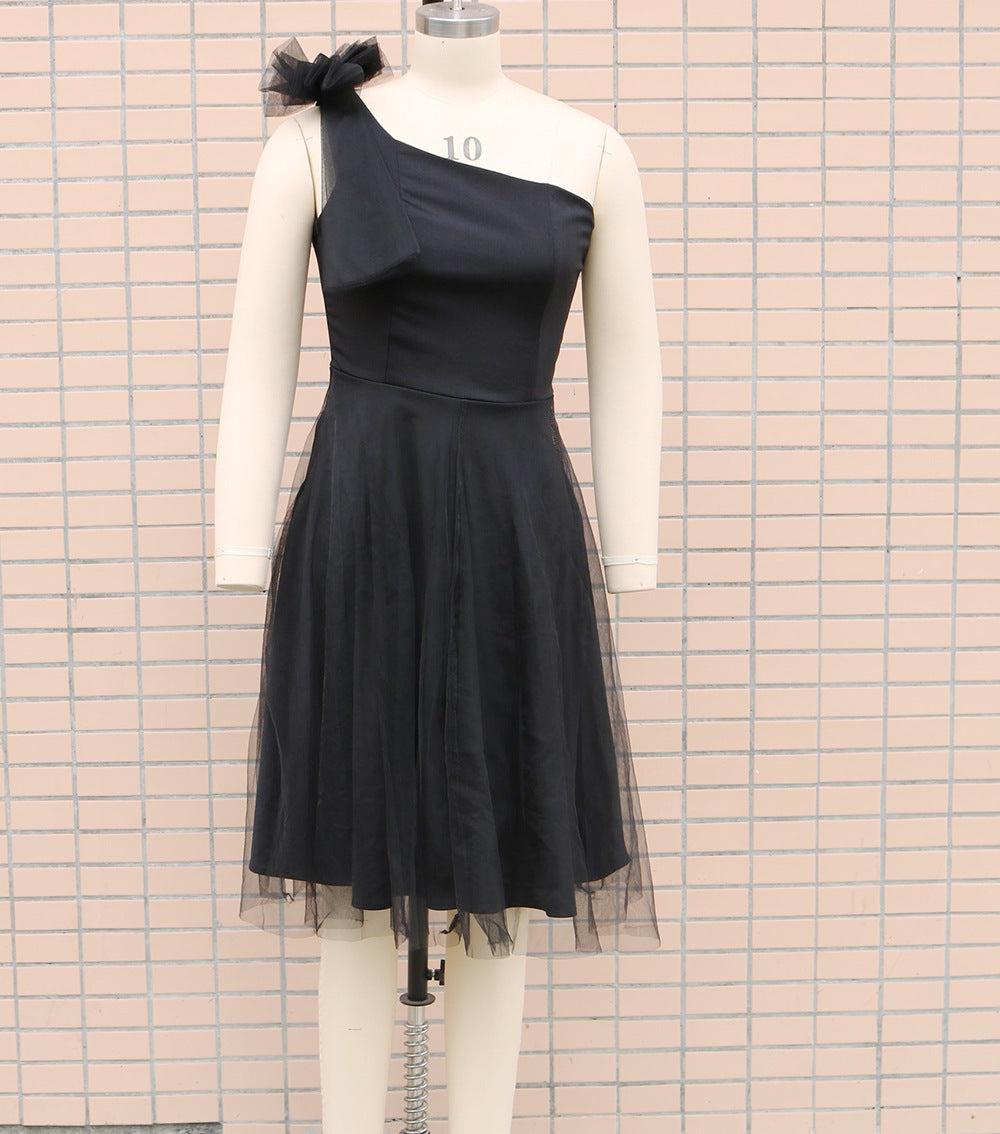 Women One Shoulder Sleeveless Mesh Patchwork Dress 15