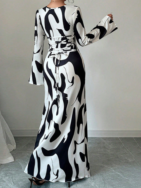 Elegant Floral Bell Sleeve Maxi Dress Womenƒ??s Chic Fall Winter Dress