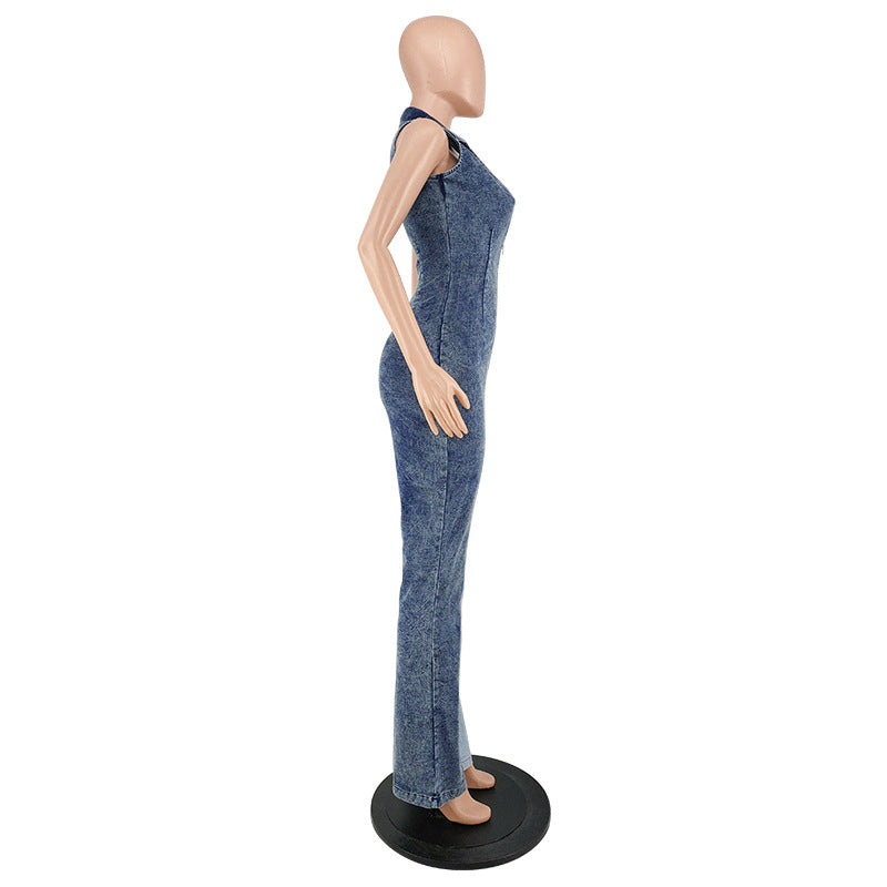 Plus Size Women's Fall Color Block Wash Sexy Denim Jumpsuit 8