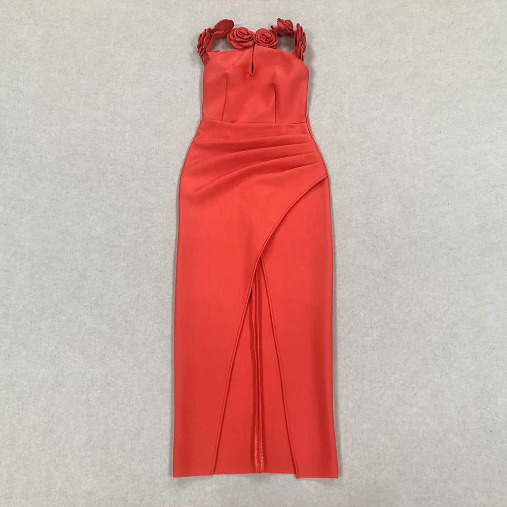 Women Sexy Sleeveless Backless Red Flower Bandage Dress 6