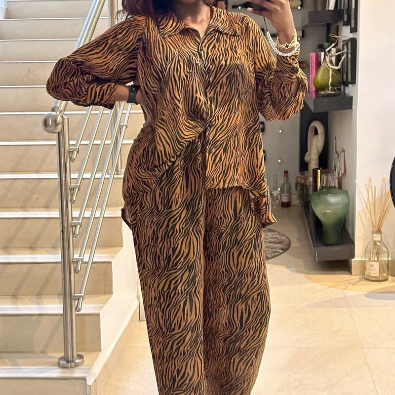 African Zebra Print Long Sleeve Shirt Wide Leg Pants Two Piece Set