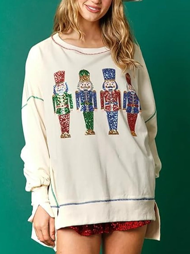 Autumn And Winter Women's Christmas Sequined Long Sleeve Pullover T-Shirt