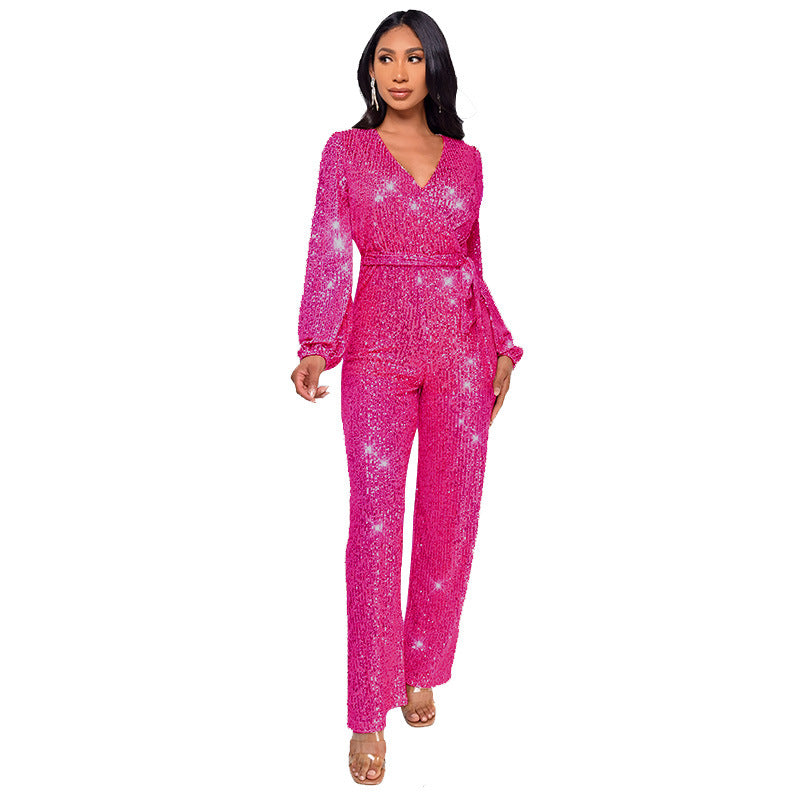 Fashion Casual Long Sleeve Belt Sequin Jumpsuit Women's Clothing 26