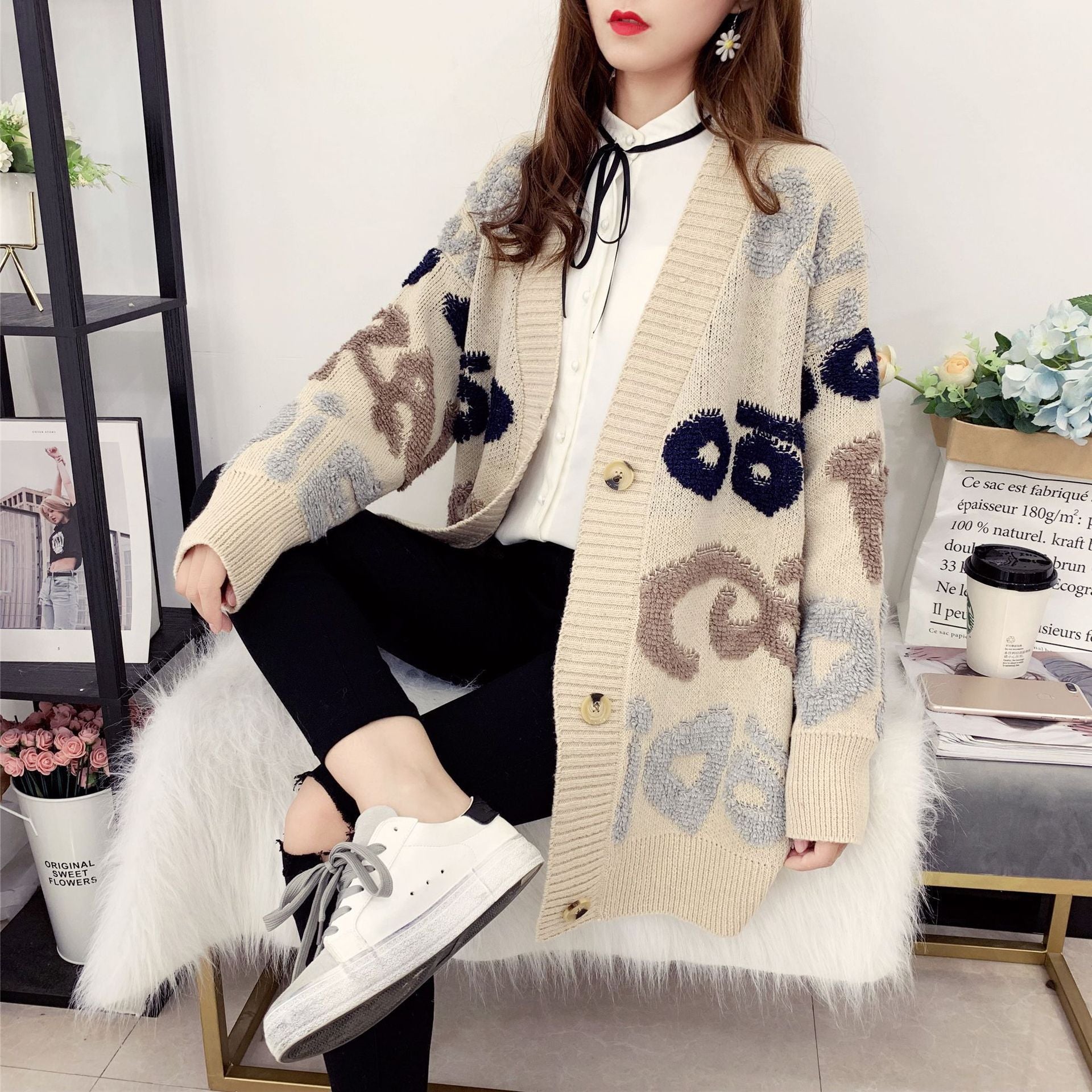 Women Fall and Winter Letter Contrast Color Loose Knitting Sweater Jacket 7